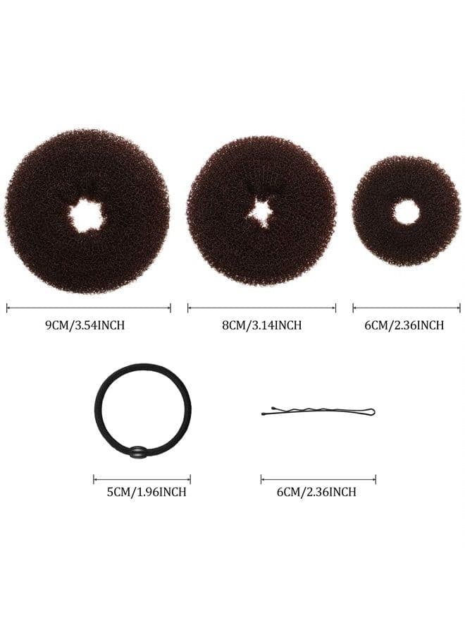 9 Pieces Donut Hair Bun Maker Shaper Foam Sponge Doughnut Bun Ring Style Set with 12 Pieces Hair Elastic Bands Ties and 32 Pieces Hair Bobby Pins for Women Girls Kids (Black, Brown, Beige)
