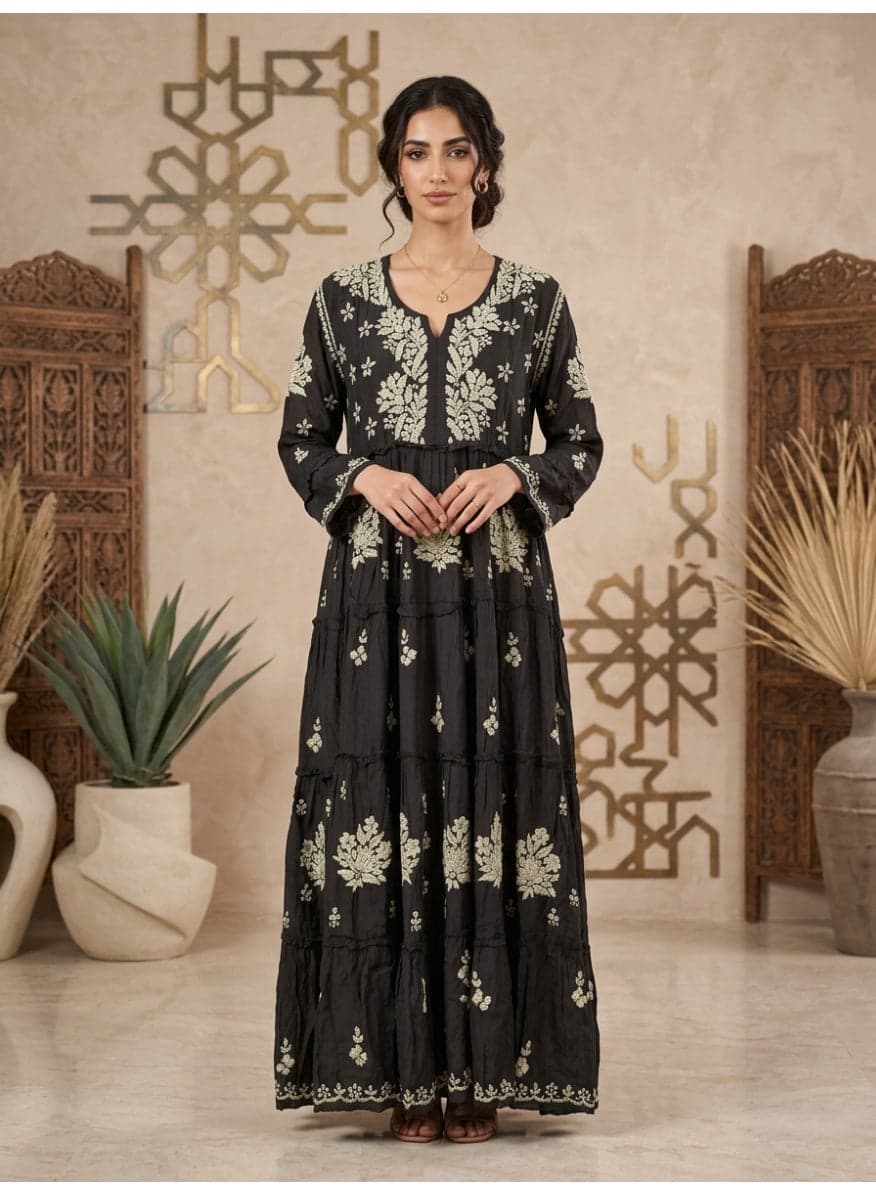 Hand Embroidered Chikankari A-Line Gathering Pattern Muslin Jalabiya-AL4003