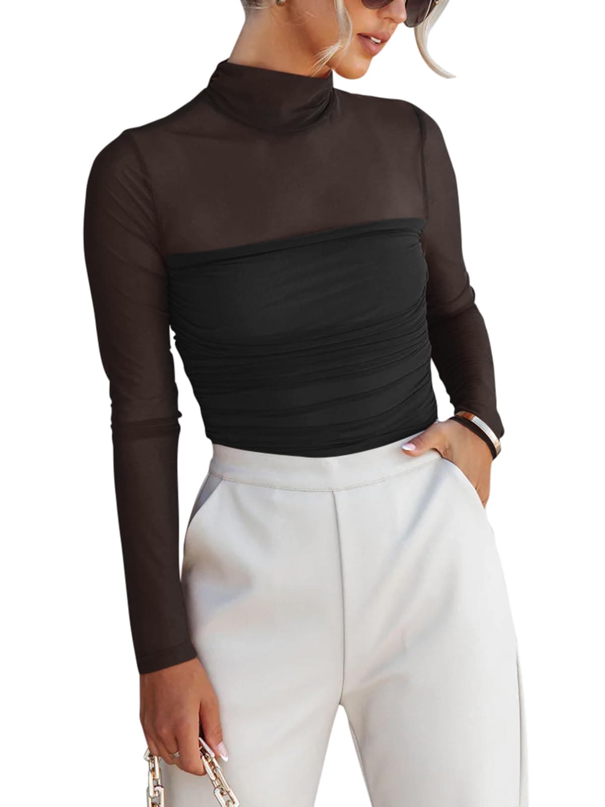 REORIA Women’s Fall Fashion Sexy Long Sleeve Mock Turtle Neck Sheer Mesh Slim Fit Ruched Night Out Leotard Bodysuits Tops Black- X-Large