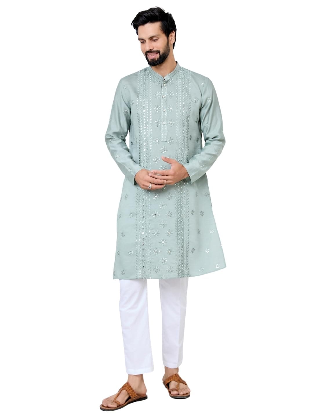 See Designs Men's Full Sleeve Mandarin Collar Grey Mirror Worked and sequin Embroidered Straight Long Kurta with Pyjama - Festive Collection | - SDKT291101S