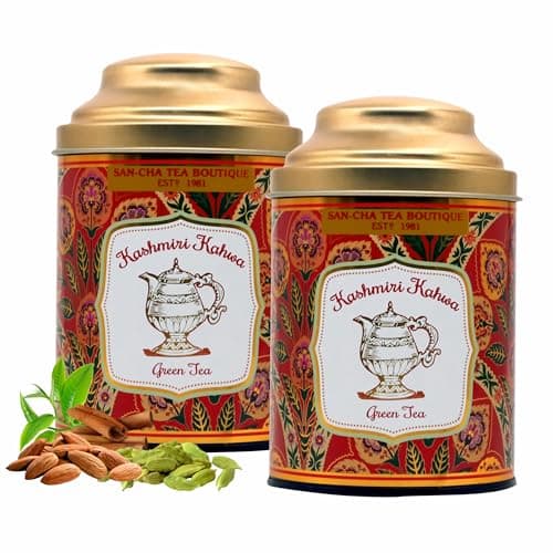 Sancha Tea Boutique, Kashmiri Kahwah Tea, Qahwa, 50g Loose Leaves+25g Spice Mix, Real Almond/Cinnamon/Cardamom blend, Warming & Cleansing (Pack of 2)