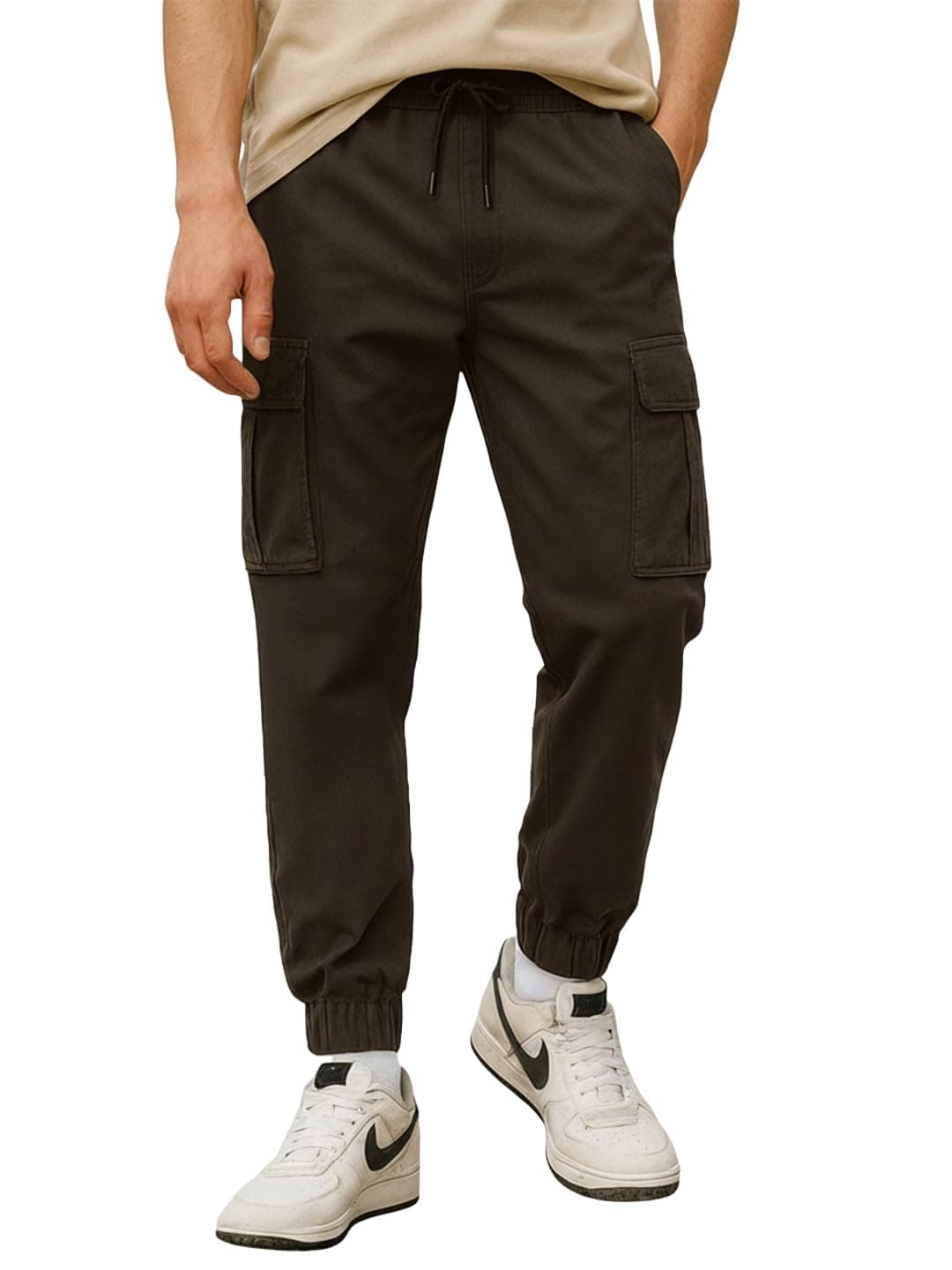Bewakoof Men's Solid Oversized Fit Cotton Blend Cargo Jogger Pants_ 620443 Brown_ 32