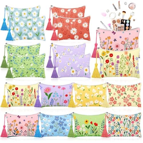 Blosssound 16 Pcs Makeup Bags Bulk Coworker Appreciate Gifts for Women Floral Cosmetic Bags with Tassel Daisy Canvas Travel Zipper Toiletry Coin Pouch Wedding Birthday Baby Shower Bachlor Party Gift