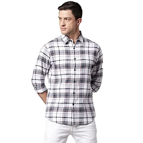 Dennis Lingo Men's Checkered White Slim Fit Casual Shirt with Spread Collar (Medium)