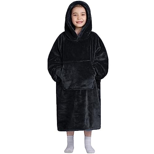 Waitu Wearable Blanket for Kids, Cozy Wearable Blanket Hoodie for Teens Girls Boys, Warm Blanket Sweatshirt Gift for Teenage, Hoodie Blanket with Sleeves and Giant Pocket - Black