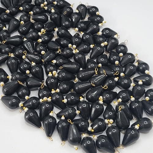 INDIKONB Teardrop Shape Lariya Beads for Blouse, Embroidery Saree – 100 Pcs Drop Plastic Hanging Beads for Blouse Work, Embroidery, Aari Work, Saree Kuchu, Jewelry Making Materials (Black)