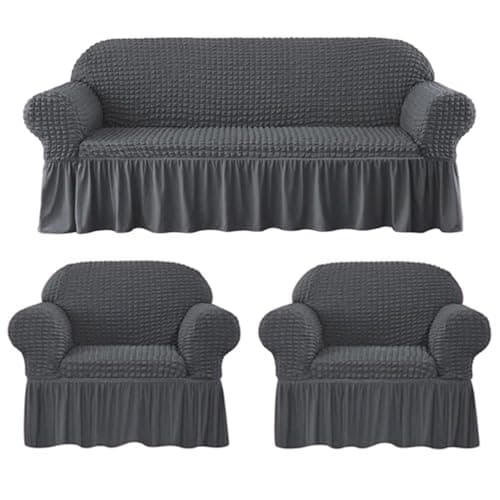 Lukzer 320 GSM Slate Grey 5 Seater Turkish Sofa Cover Universal Couch Protector Bubble Fabric with Frill Universal Big Elasticity Furniture Slipcover (SC-100-05)