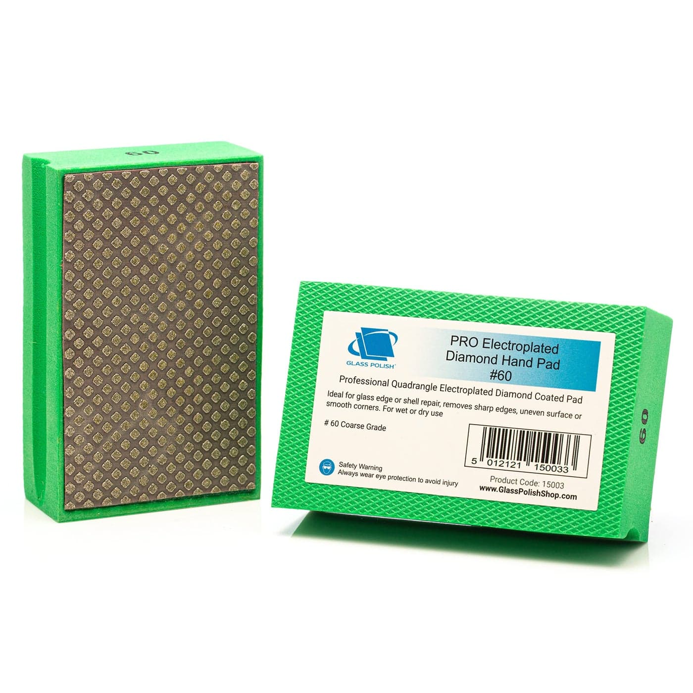 GLASS POLISH PRO Diamond Hand Polishing Pad Grit 60 Very Coarse Foam Sanding Block for Quick Stock Removal and Grinding of Glass Tiles Ceramics Concrete Granite Marble and More GP15003