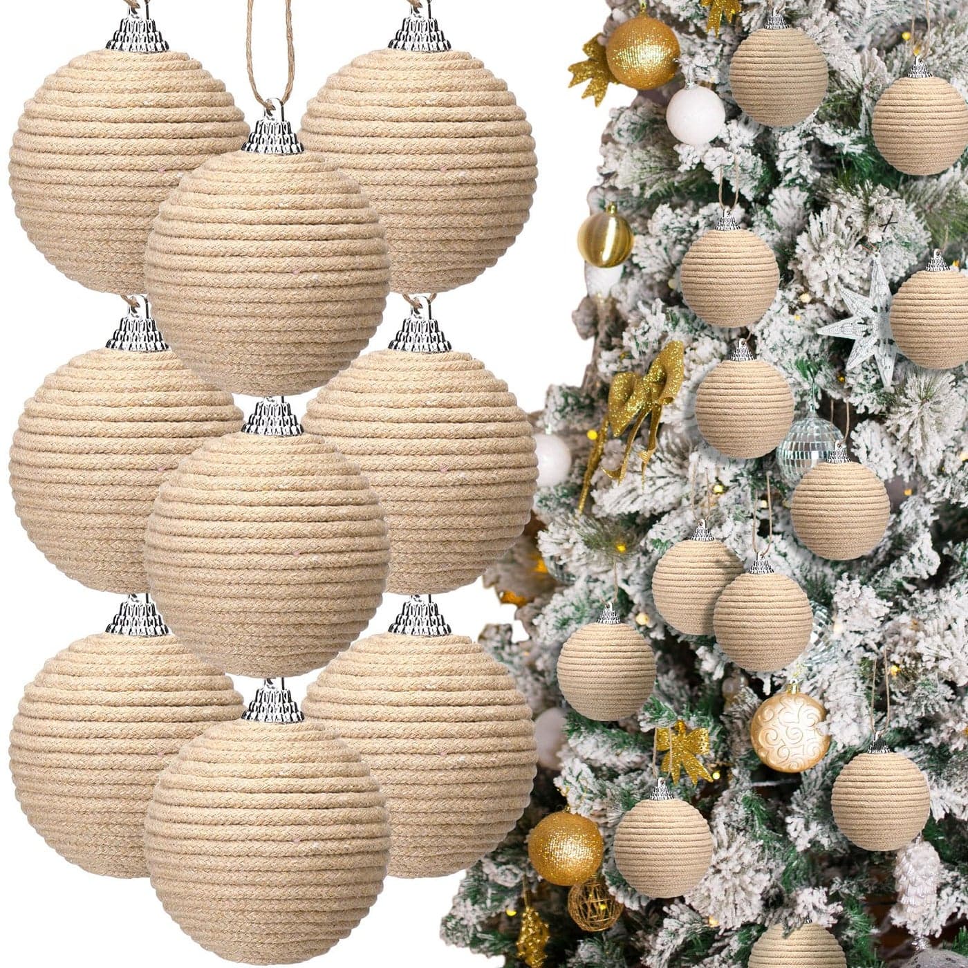 Syhood 9 Pcs 236 Inch Christmas Ball Ornaments Boho Farmhouse Jute Rope Hanging Balls Burlap Neutral Rustic Ornaments for Xmas Tree Holiday Wreath Garland Wedding HomeLinen