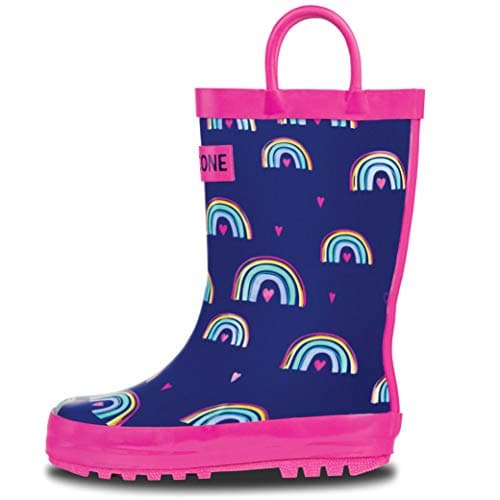 Lone Cone Rain Boots with Easy-On Handles in Fun Patterns for Boys and Girls, Play-Proof Flexible Rubber, Durable Non-Slip Treads, Kid-Friendly for Hours of Joy - Hearts and Rainbows, 4 Toddler