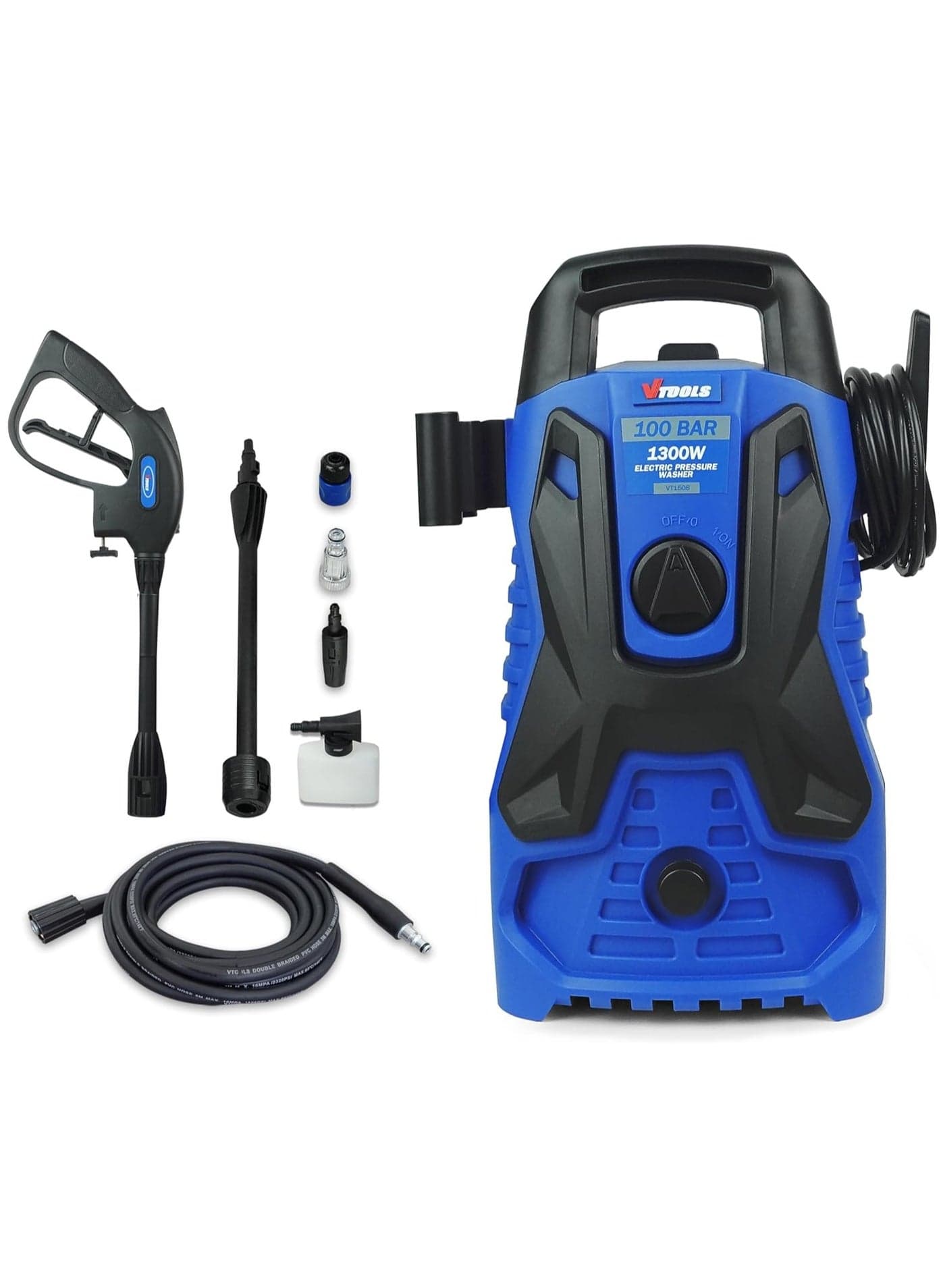 VTOOLS 100 Bar Electric Pressure Washer With 2 Wheels,5 Meter Hose & Soap Dispenser