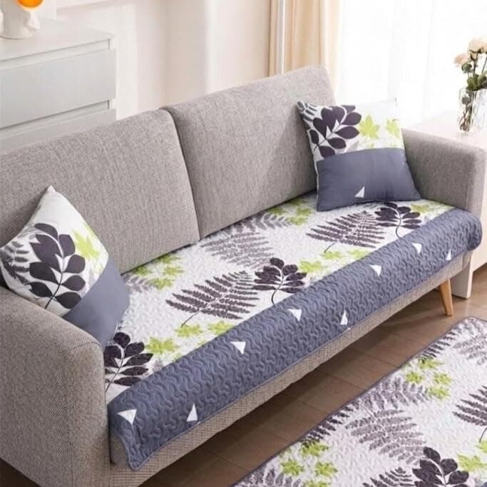 HOMETHREADS Innovative European Premium Style Anti Slip Cotton Sofa Cover Mat with PVC Backing for Non-Slip Comfort (Grey_Green_L | 70x180cm)