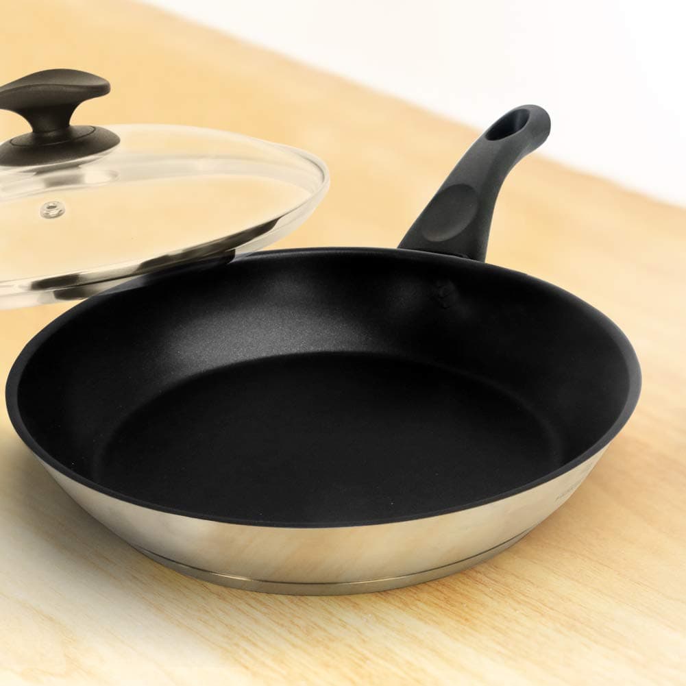 HOMICHEF 11 Inch Nonstick Frying Pan Stainless Steel Omelet Pan with Vented Glass Lid Induction Compatible