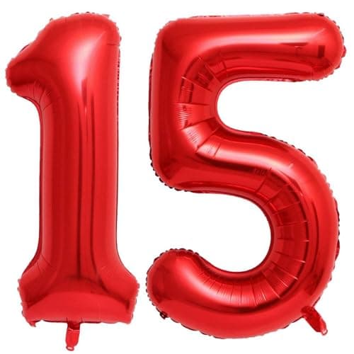 Red 15 Number Balloons 40 Inch Giant Number 15 Balloons Foil Mylar Helium Red Number Balloons for 15th Birthday Party Supplies Anniversary Event Celebration Decorations