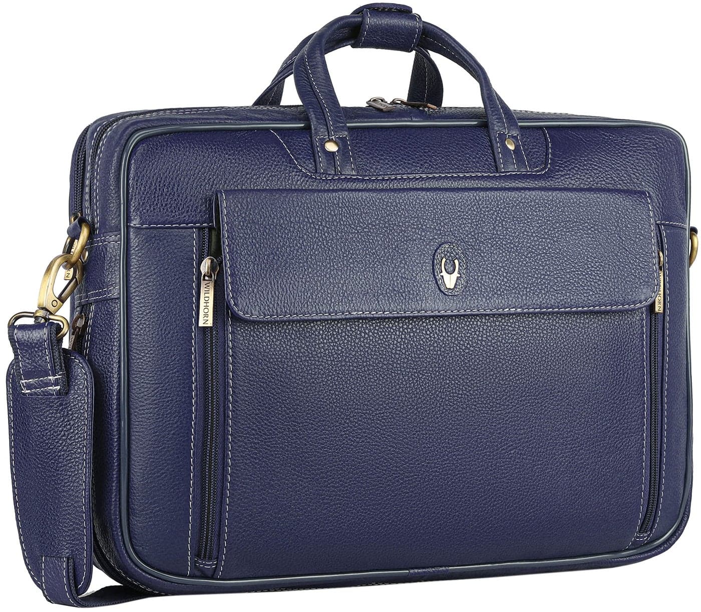 WildHorn Genuine Leather Office Bag for Men with Adjustable Straps, Multiple Compartments, and a Sleek Professional Design – Durable and Stylish with a 1-Year Warranty. (Blue)