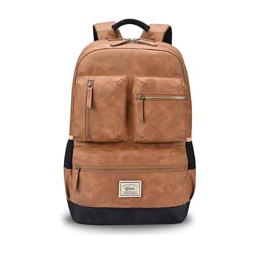 Gear Vintage Boxy 18"/26L Medium Faux Leather Water Resistant Laptop Backpack/Casual Bag/Daypack/College Backpack/Travel Backpack For Men/Women (Tan - Navy)
