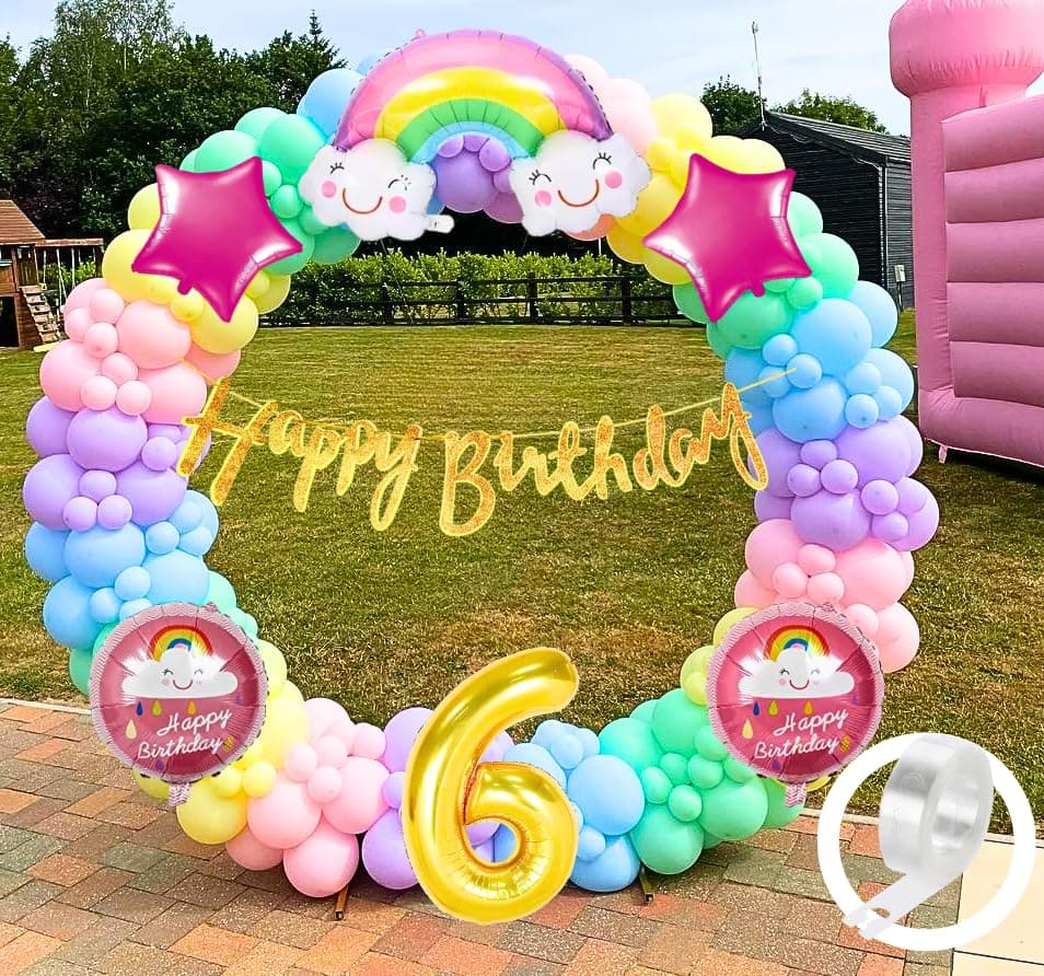 Flyloons Latex Rainbow Theme 6Th Birthday Decorations Kit Girls Boys Kids Baby Girl For 6 Year With Number Rainbow Pink Star Pink Purple Yellow Blue Green Pastel Balloons Happy Gold Banner, 58 Pcs