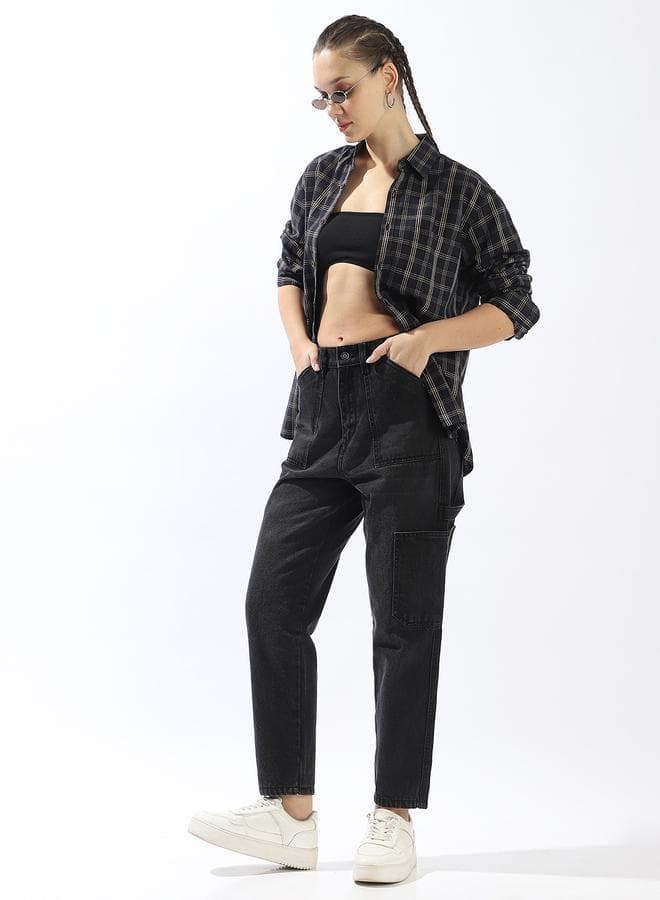 Women's Black 100% Cotton Textured Full Mom Fit Jeans