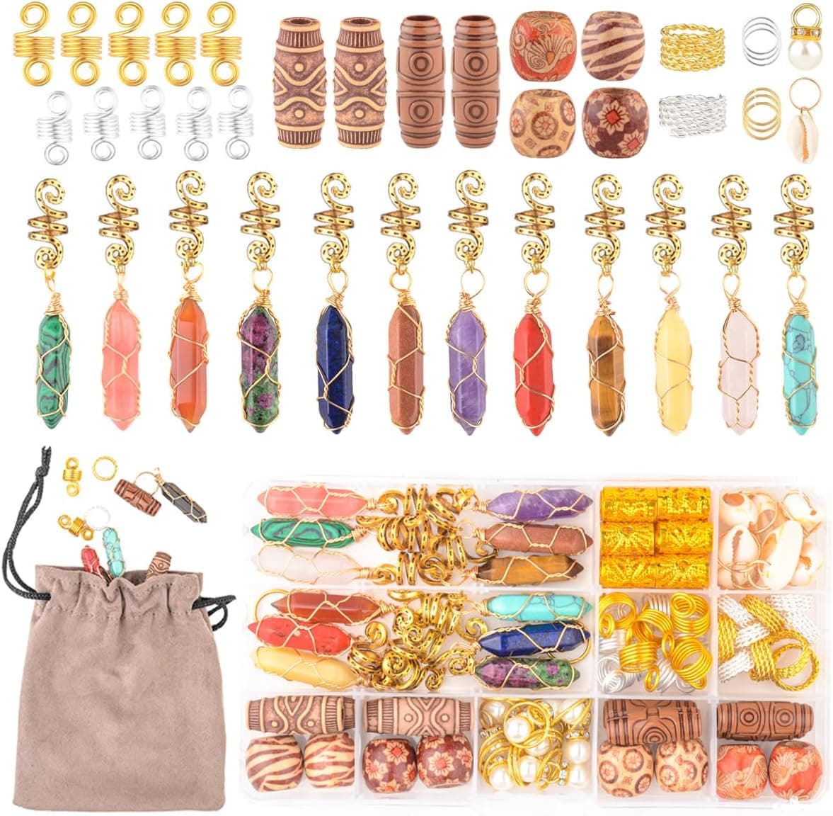 Modpion Hair Jewelry Crystal Dreadlock Accessories,Natura Stone for Hair Braids Charm Coils Rings Hair Cuffs Shells Imitation Hair Decoration