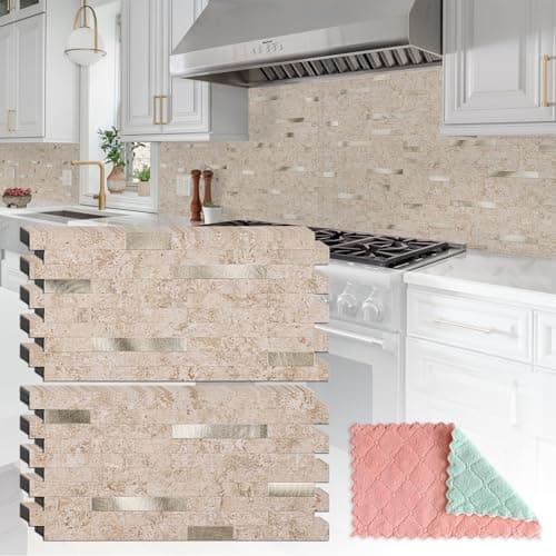 StyloVue 20 Sheets Peel and Stick Backsplash for Kitchen, 2026 Upgraded Classic Travertine Beige with Gold Metal Accents, Stick on Tile for Kitchen Backsplash, RV, Fireplace