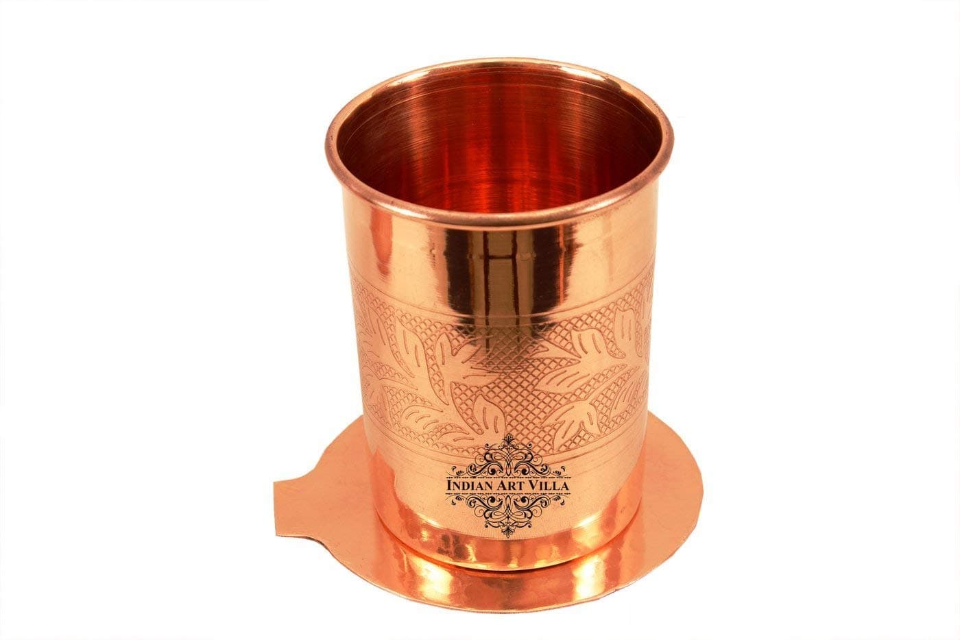 INDIAN ART VILLA Embossed Design Copper Glass Tumbler with Coaster Drinkware Health Benefits300 ML