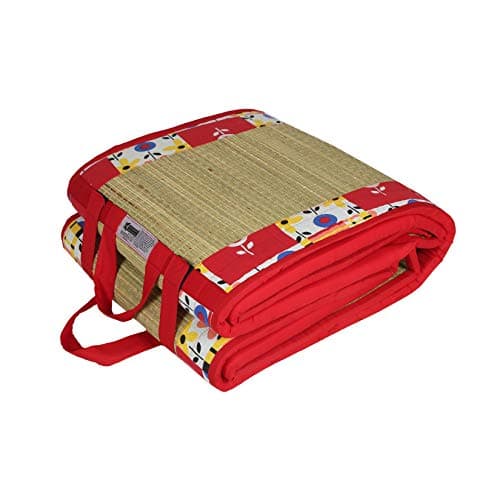 KALA DARSHAN CRAFTS BAZAAR - Foldable Mat with Korai River Grass Chatai 2.5 X 6 Feet 15MM Soft Foam Red Cotton Fabric, Reduced Back Pain Portable