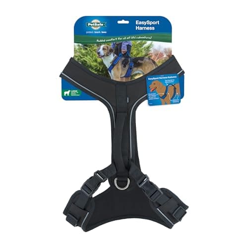 PetSafe EasySport Harness - Durable Padded Fabric, Adjustable Elastic Neckline, Rear-Leash Attachment & Nighttime Reflective Visibility - No Choke or Gag Secure Fit - Large - Black
