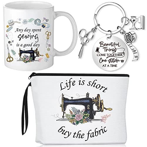 Inbagi 3 Pcs Sewing Gifts for Women Makeup Bag Seamstress Coffee Mug 11 oz Quilting Keychain Christmas Gifts for Quilter Women Sewers Mom Sewing Organizer Bag