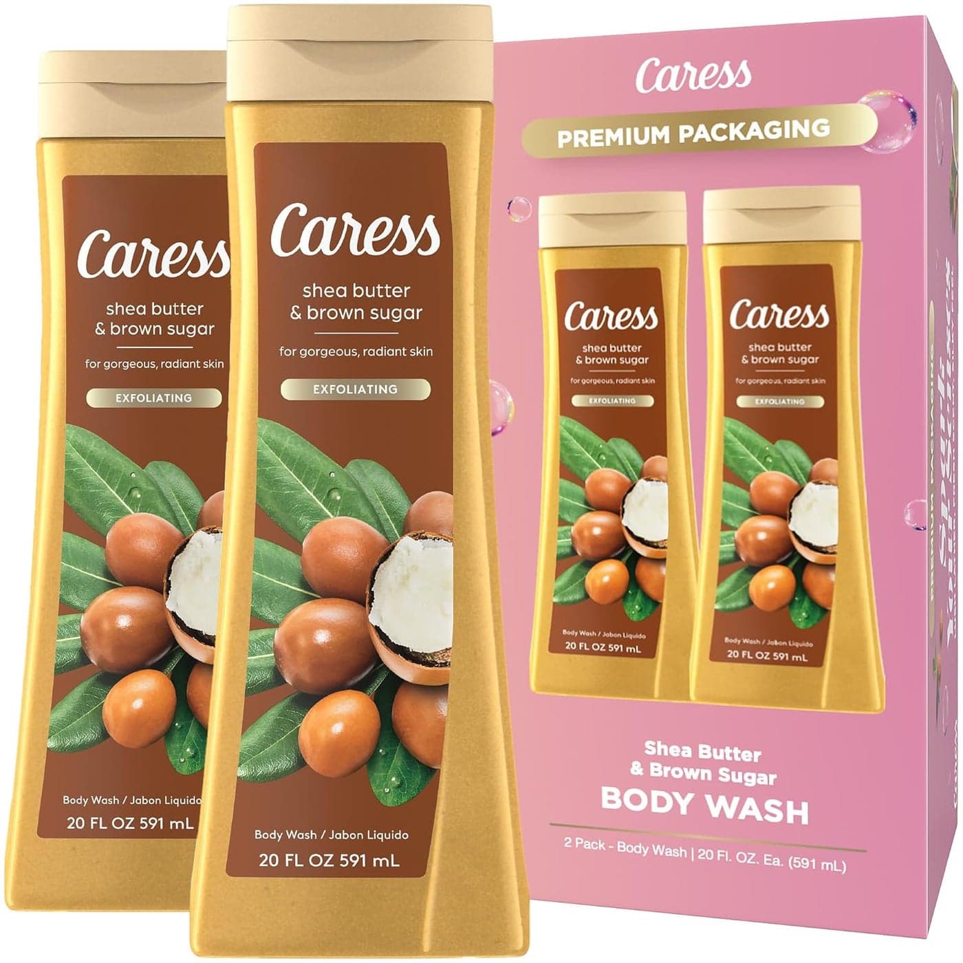 Caress Body Wash Shea Butter Brown Sugar Moisturizing Body Wash for Gorgeous Radiant Skin Exfoliating Body Soap Liquid 20 Fl Oz Pack of 2