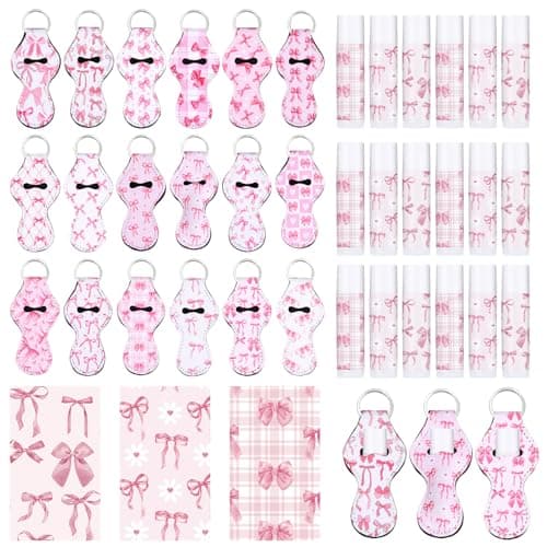 Dimsile 18 Set Pink Mini Lip Balm for Women Girl Coquette Gift Bulk with Bow Lipstick Holder Keychain Cute Bow Lips Balm Gift Coquette Party Favor Lip Care for Birthday Bachelorette Wedding