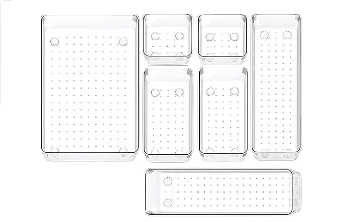 Clear Plastic Drawer Organizer Trays Storage Bins for Bathroom Vanity Kitchen Office Set of 7