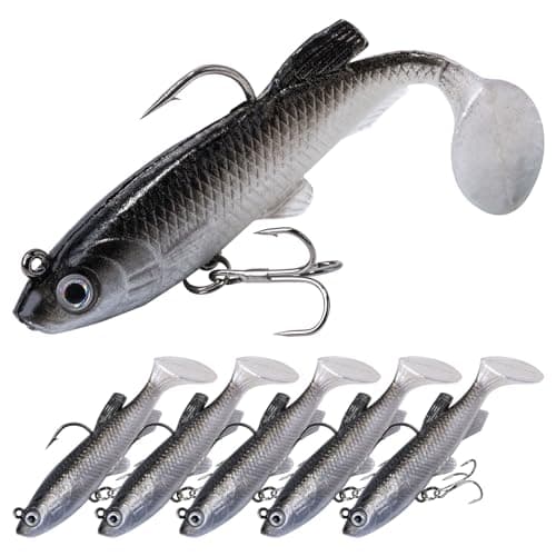 Goture Soft Fishing Lures jig Heads, Saltwater Freshwater Minnow Fishing Bait T Tail with jig Head, Fishing Lure Swim Shad Baits for Bass Fishing 5Pack