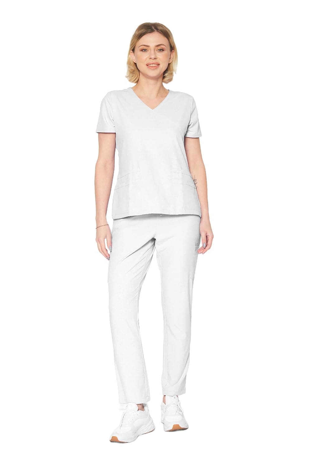 Dagacci Medical Uniform Womens Fitted 4Way Stretch Y Neck Natural Stretch Scrub Set White XS
