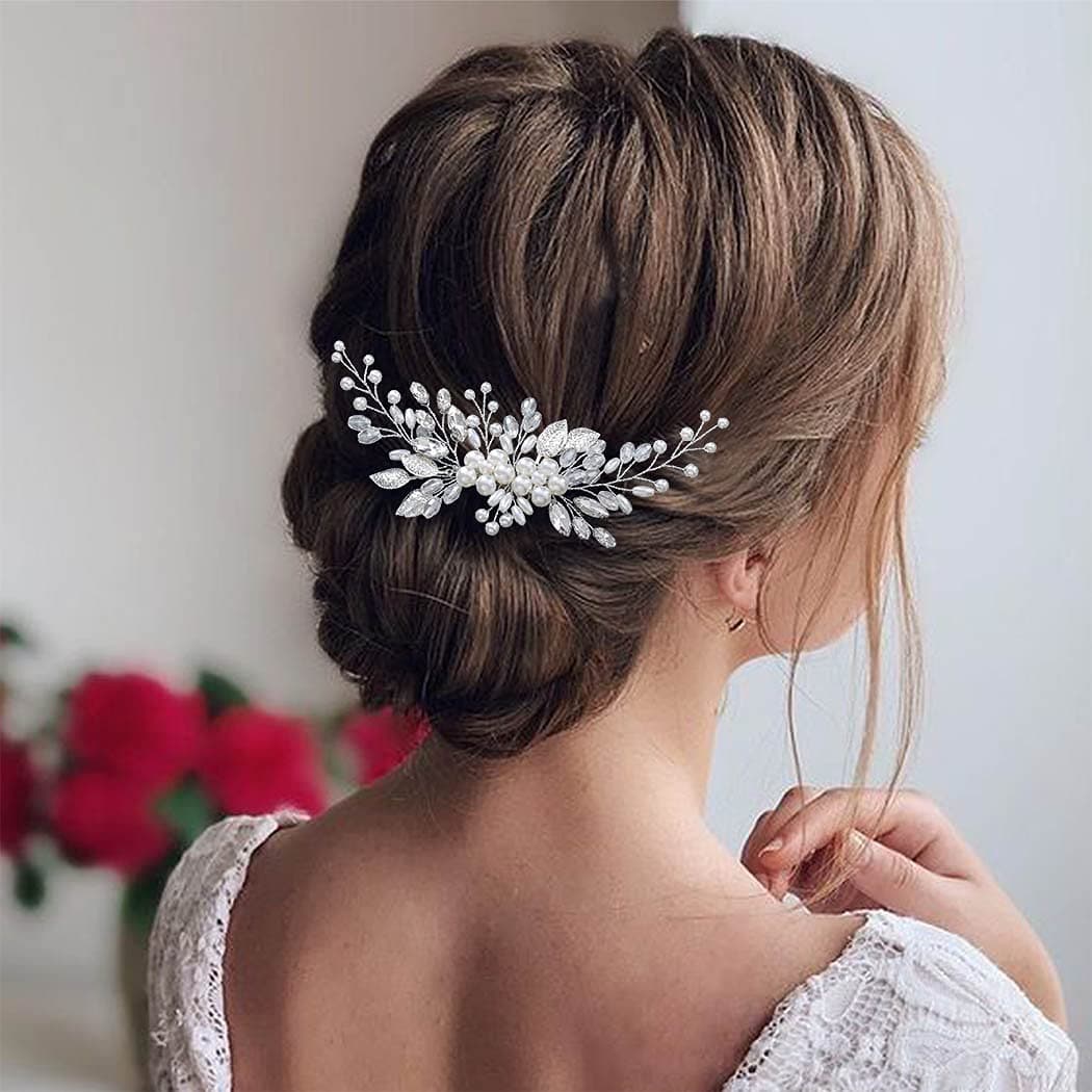 Latious Pearl Bride Wedding Hair Comb Silver Crystal Bridal Hair Pieces Leaf Hair Clip Hair Accessories for Women and Girls ASilver