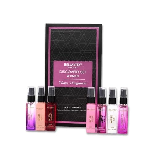 Bellavita Luxury Womens Perfume Discovery Gift Set with Date Glam Diva Rose Hot Mess White Oud and Senorita 7 X 8ml Floral Fresh Fruity Scent Profile Mothers Day Present