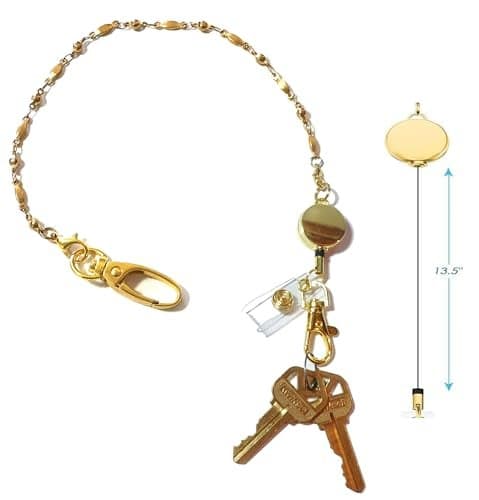 Hidden Hollow Beads Key Keeper 12" Women's Gold Stainless Steel Hand Strap Chain Finder Wallet Purse Lanyard Holder Ring (Retractable Reel)