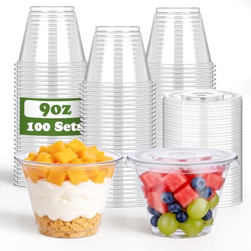mwellewm 100 Sets 9 oz Disposable Dessert Cups with No-Hole Flat Lids, Clear Plastic Cups for Fruit, Pudding, Yogurt, Ice Cream and Snacks - Stackable Party Supplies