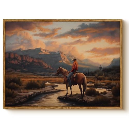 Western Cowboy Framed Canvas Wall Art 12x16 Inch, Horse Rider at Sunset Print Rustic Mountain Landscape painting, American West Country Home Office Bedroom Wall Décor