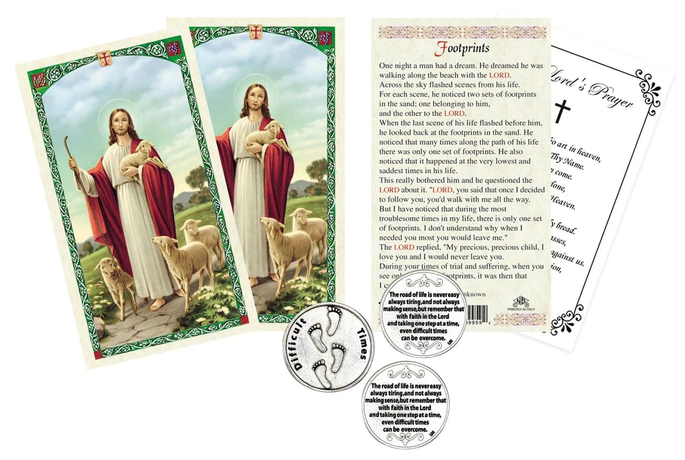 Footprints In The Sand Card - Laminated Footprint Prayer Cards, Footprints In The Sand Token, The Lord's Prayer Card - Inspirational Footprints In The Sand Pocket Cards and Tokens Set of 7 Items