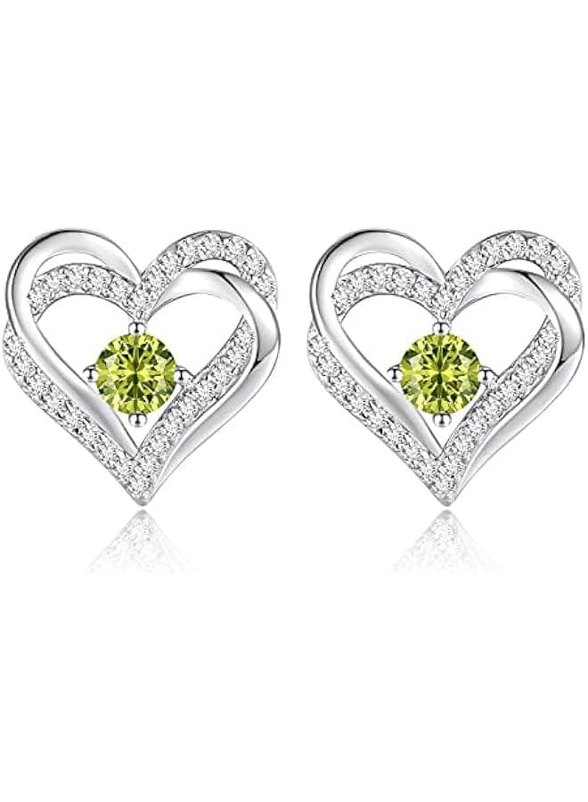 Forever Love Heart Stud Earrings for Women, 925 Sterling Silver Birthstone Heart Stud Earrings Mother's Day Gift Anniversary Birthday Jewelry Gifts for Women Wife Her