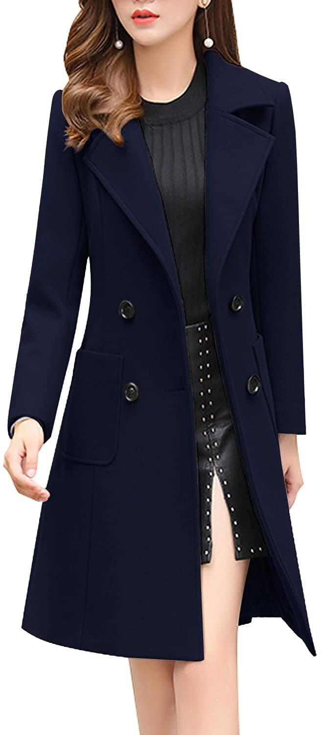 chouyatou Women Elegant Notched Collar Double Breasted Wool Blend Over Coat XSmall Navy Blue