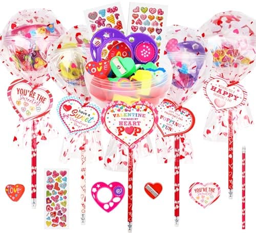 POPGIFTU Valentine Classroom Exchange Gifts for Kids 28 Pack LollipopShaped Stationery with Cards Pencils Erasers Rulers Stickers for Boys and Girls Party Favors for School