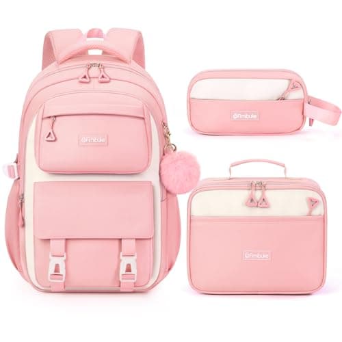 Fimibuke Backpacks for Girls, 3 PCS Waterproof School Backpack with Lunch Box & Pencil Pouch for Kids Teen Girl, Cute Bookbag School Bag for Elementary Middle High School Student Ages 6+(Pink)
