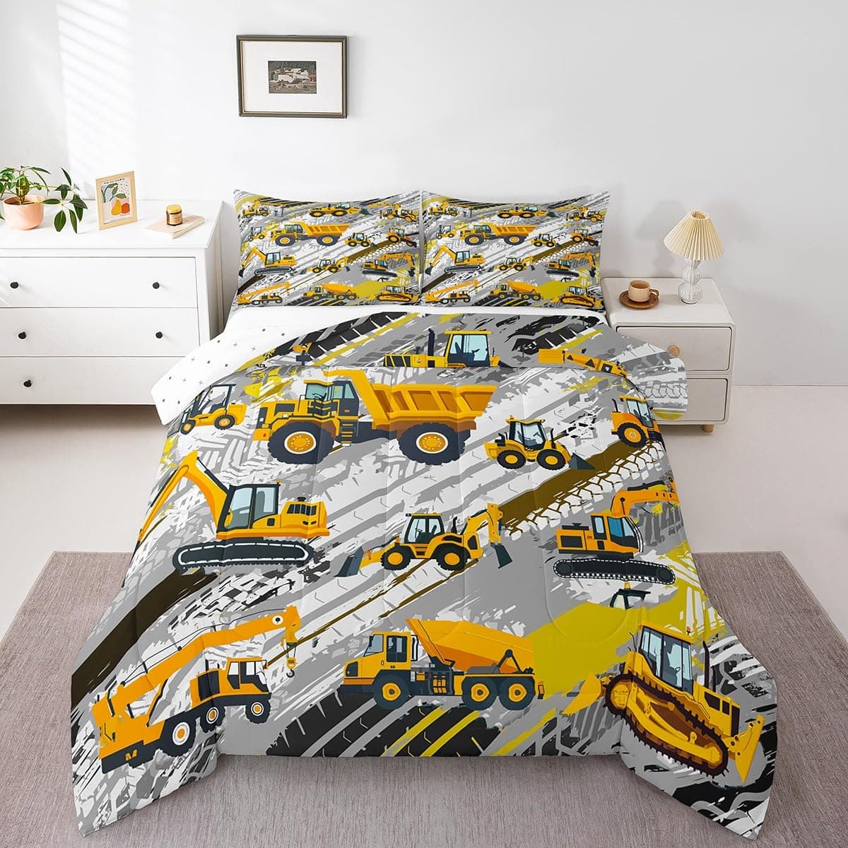 Boys Construction Comforter Set Truck Bedroom Decor for Kids Girls Under Construction Vehicles Down Comforter Nursery Children Cartoon Machinery Truck Excavator Bedding Tractor Cars Duvet QuiltFull