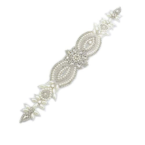 ShiDianYi Wedding Belt Applique Bridal Belt Rhinestone Applique Silver Wedding Dress Sash Belt Applique Crystal Rhinestone Off White Pearls…