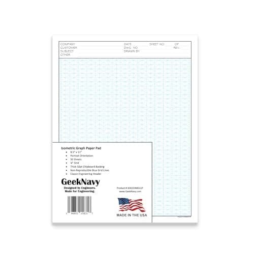 GeekNavy 8.5" x 11" Isometric Graph Paper 50 Sheets Portrait - 0.25" Grid, Non-photo Blue, High Brightness, Drafting, Engineering, Art, 3D Design (1-Pack)