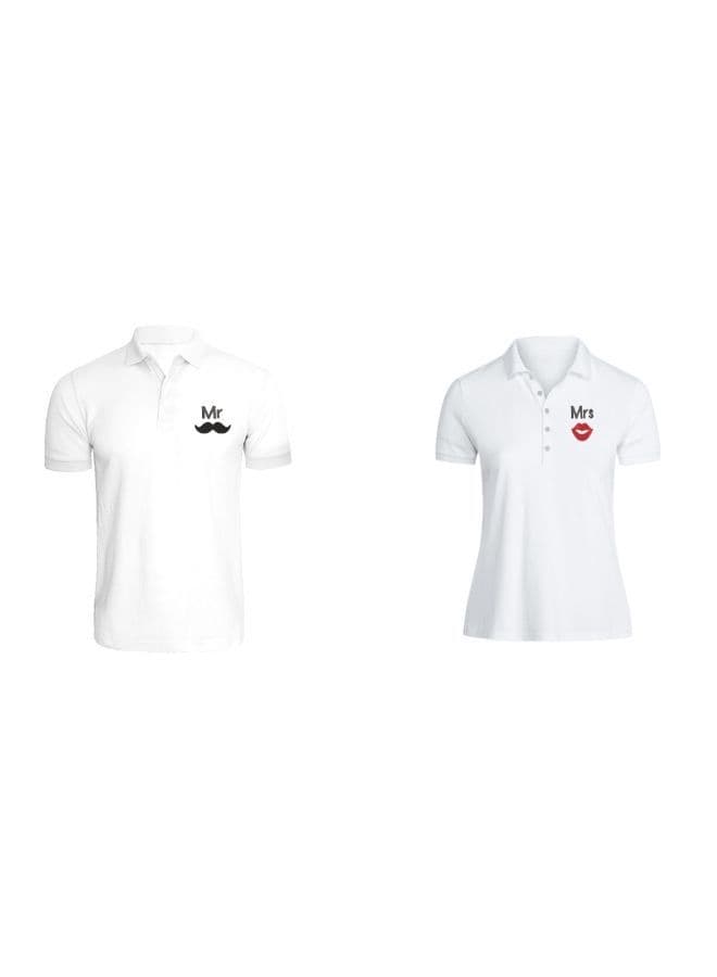 Couple Embroidered (White) Cotton T-shirt (Mr. Moustache & Mrs. Lips) Personalized Polo Neck T-shirt (Small)-Set of 2 pcs-220 GSM