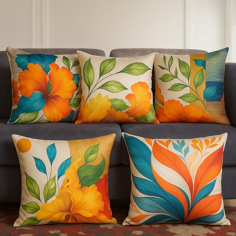 Vendola Decorative Satin Sofa Cushion Covers Set of 5, 24 Inch x 24 Inch 5 Piece, Sofa Big Cushion Pillow Cover, Beige, Green and Blue Colour, Floral Design, Zipper Closure (Camira, 24X24 Inches)