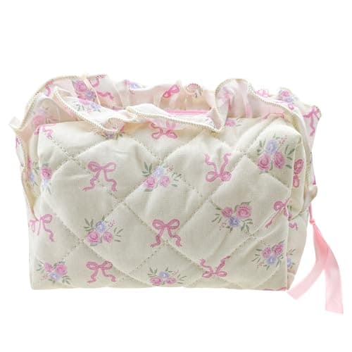 Arvintas Quilted Makeup Bag, Cute Pouch Toiletry Bag, Travel Toiletry Bag Period Bag, Pink bow tie Toiletry Organizer Bag for Women Girls (Style 1)