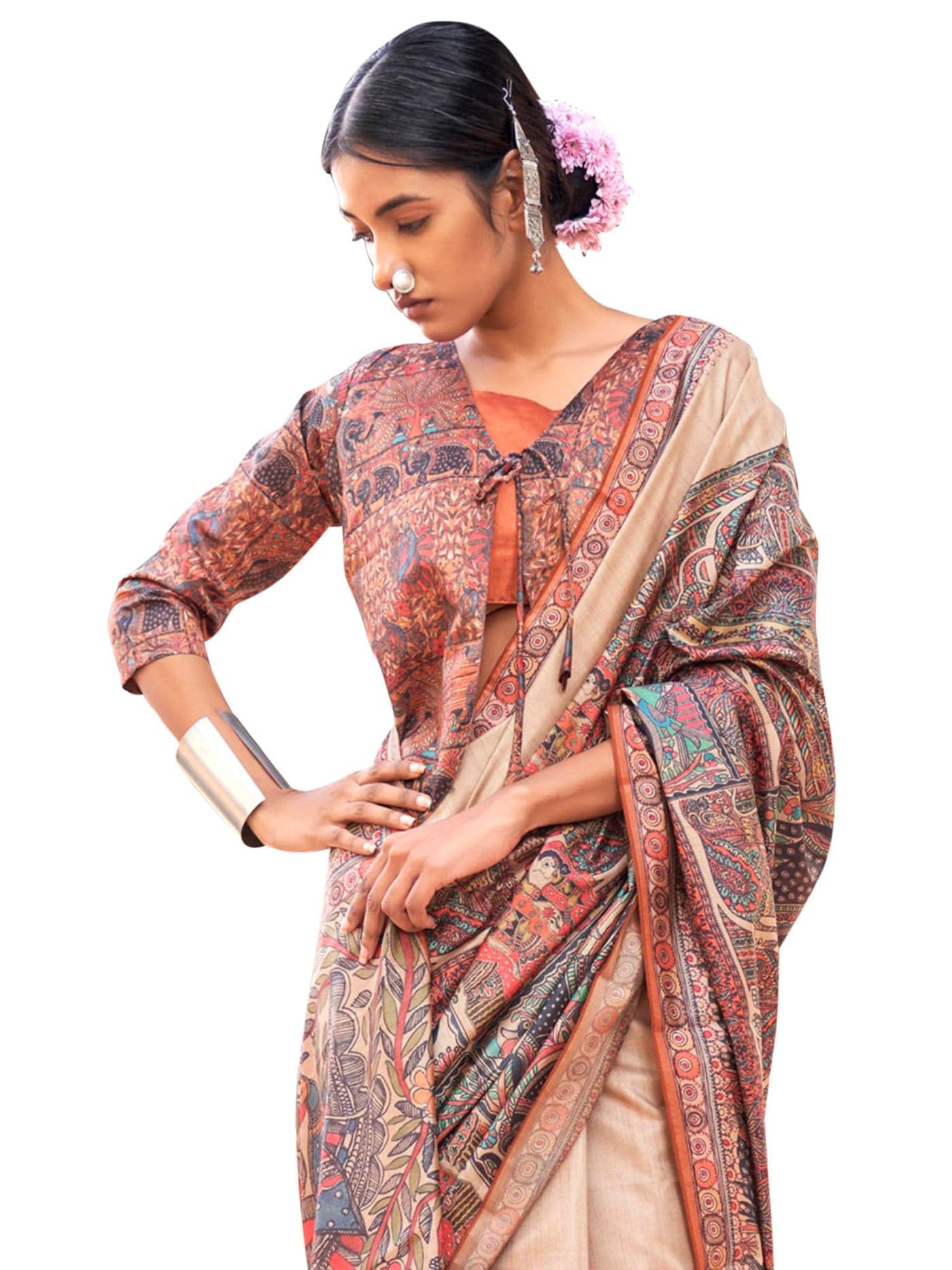 SAREE MALL Women's Banarasi Silk Madhubani Printed Saree With Unstitched Blouse Piece(Beige_PUSHPMNDI108_RS)